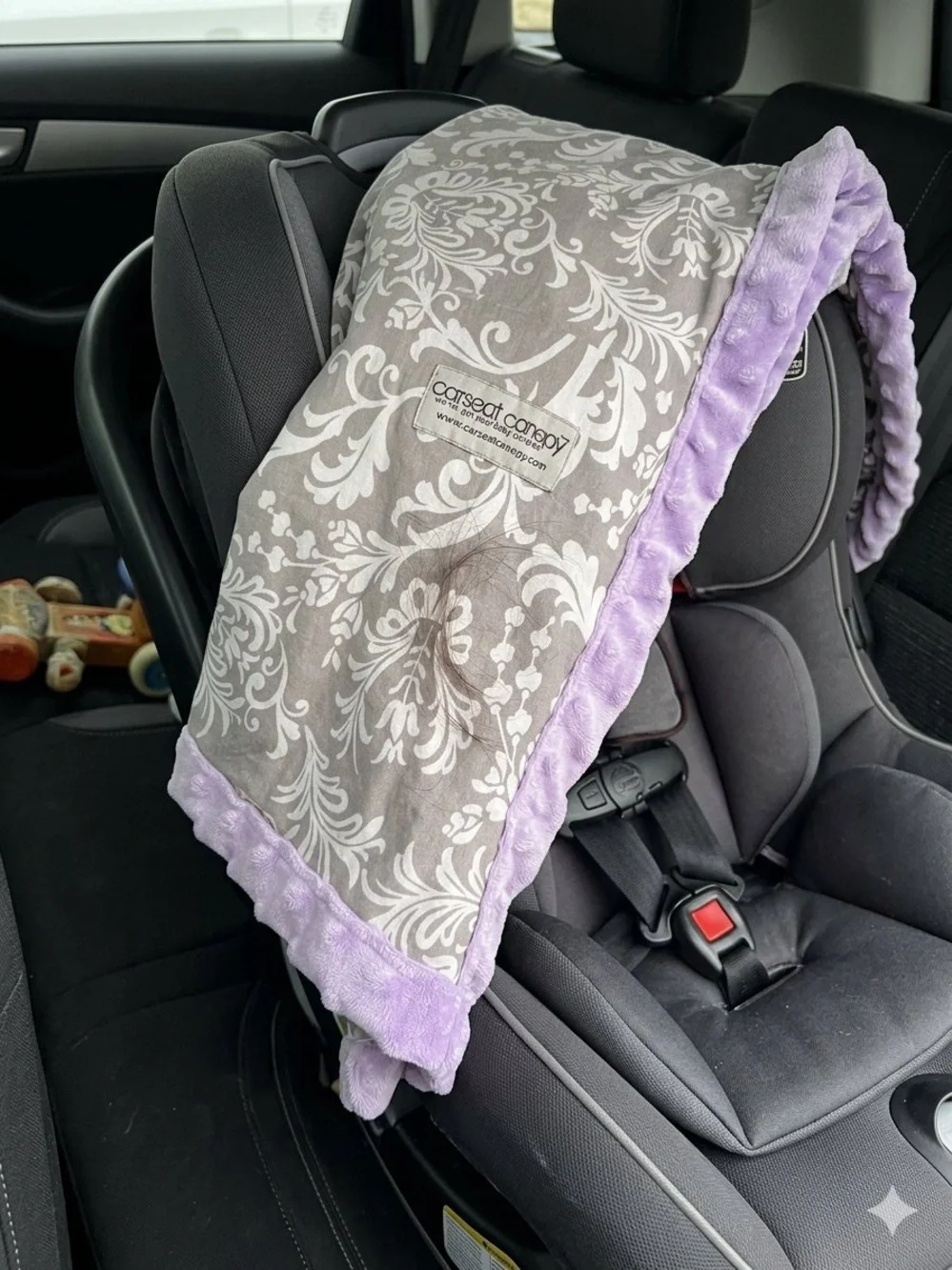Canopy Gray and White Floral Infant Car Seat Cover with Lavender Trim